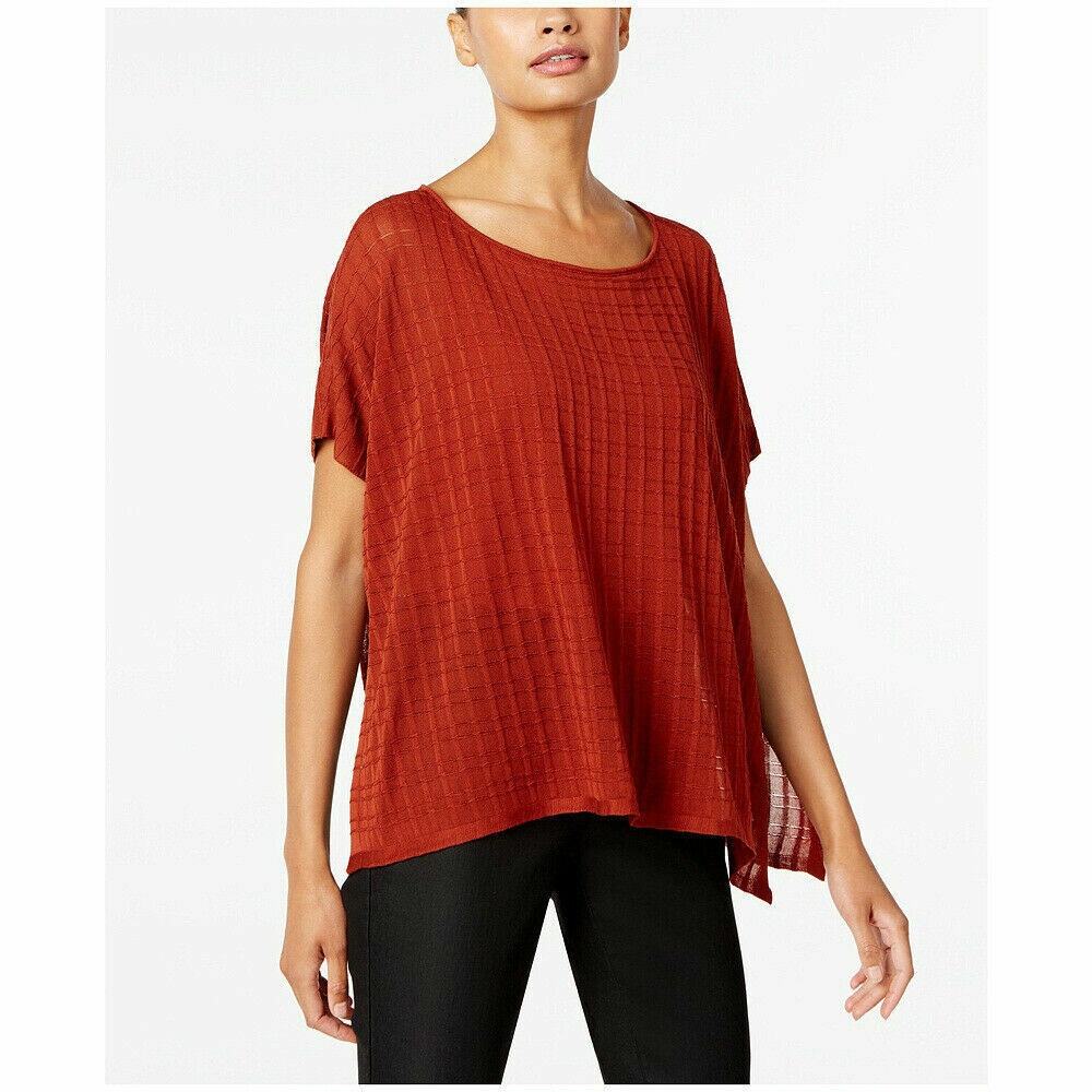 EILEEN FISHER Paprika Orange Tencel Textured Waffle Short Sleeve Top L/XL EUC